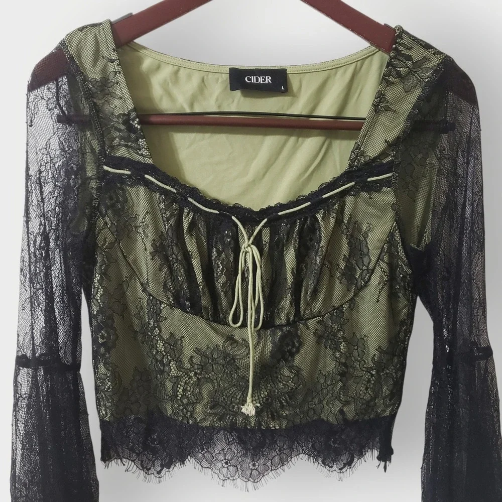 Cider Green Black Lace Flare Long Bell Sleeve Crop Top Fairycore Goth Large - Picture 2 of 12